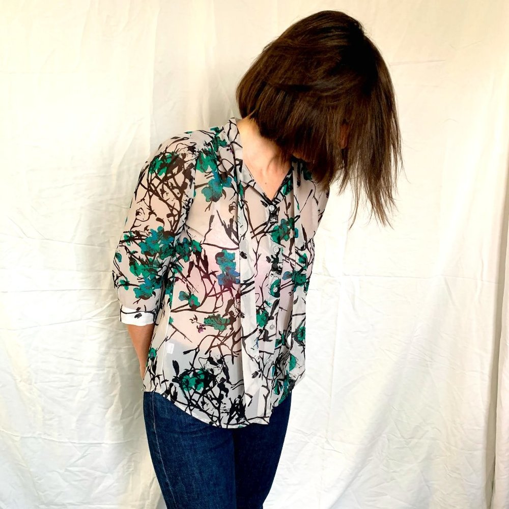 Loft Abstract Floral Watercolor Tie Neck Blouse